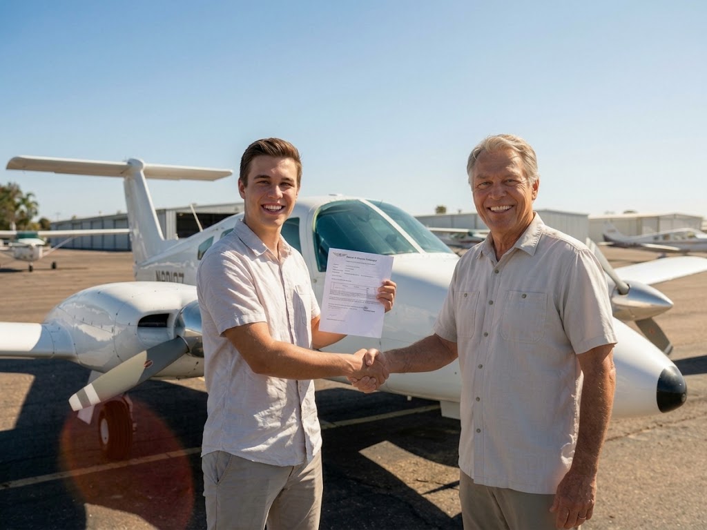 new multi-engine pilot shaking hands with the examiner after passing the checkride in San Diego